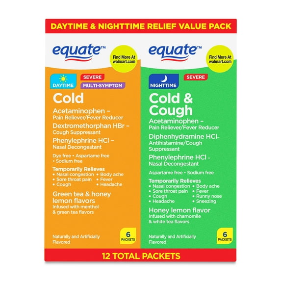Equate Daytime and Nighttime Cold & Cough Multi-Symptom Powder Packets Combo Pack, 12 Count (2x6 Count)