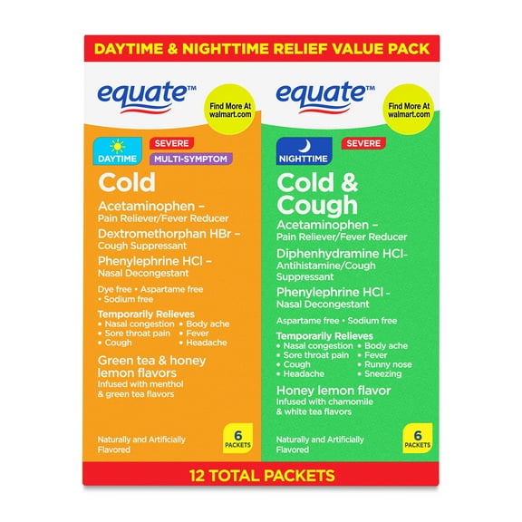 Equate Daytime and Nighttime Cold & Cough Multi-Symptom Powder Packets Combo Pack, 12 Count (2x6 Count)