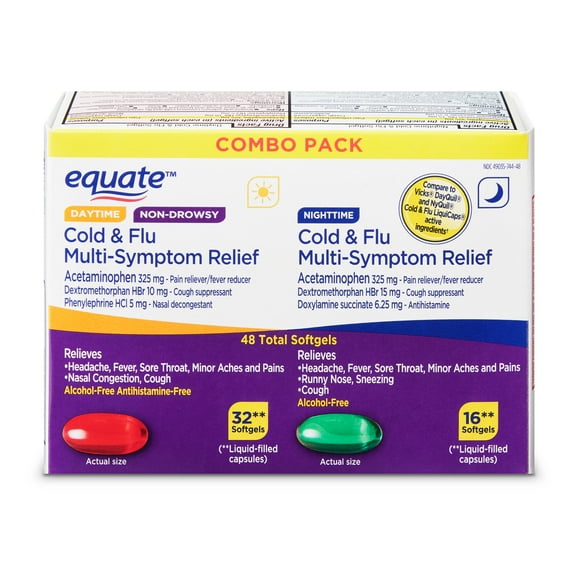 Equate Daytime & Nighttime Cold & Flu Multi-Symptom Relief, 48 Softgels