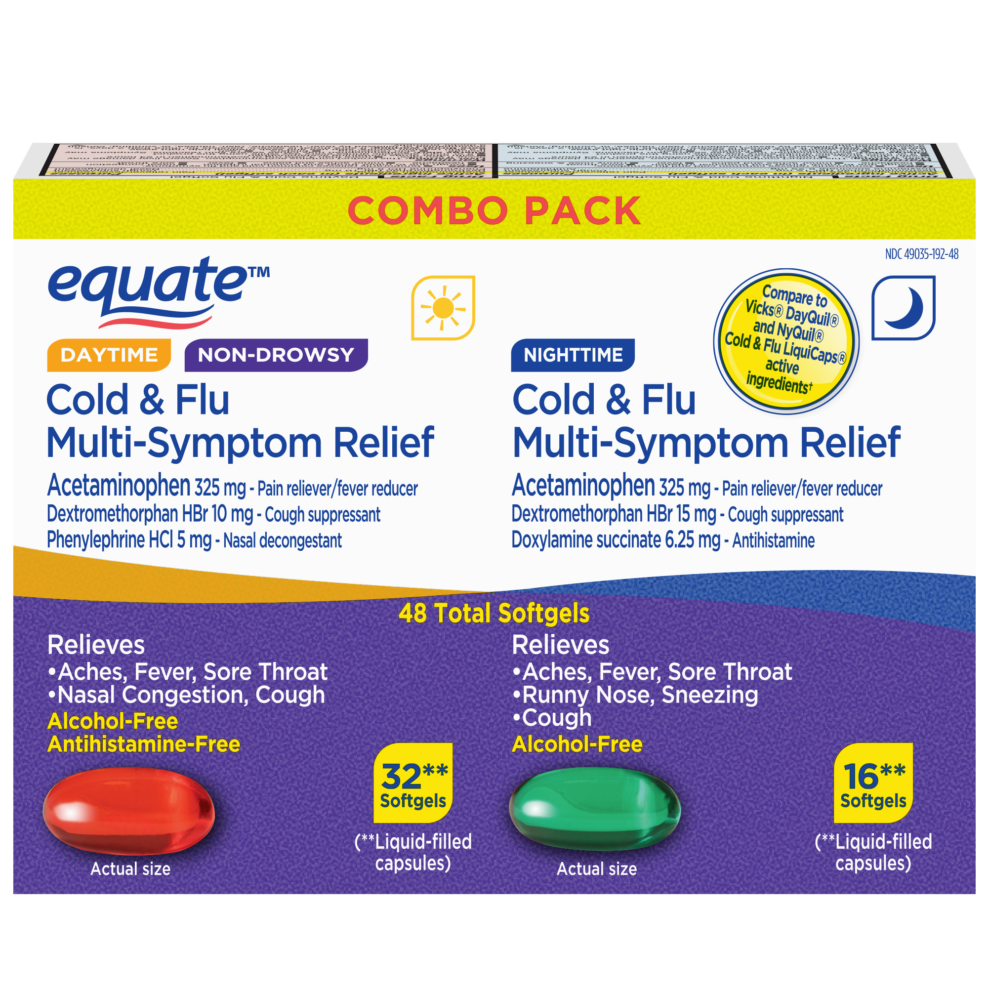 Equate Daytime & Nighttime Cold & Flu Multi-Symptom Relief, 48 Softgels - image 1 of 10