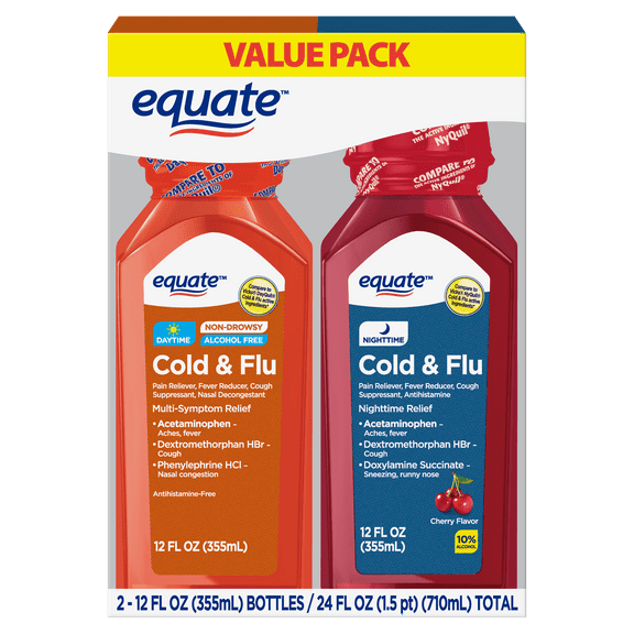 Equate Daytime & Nighttime Cold & Flu Relief; Cold Medicine Combination Pack, 12 fl oz, 2 Pack