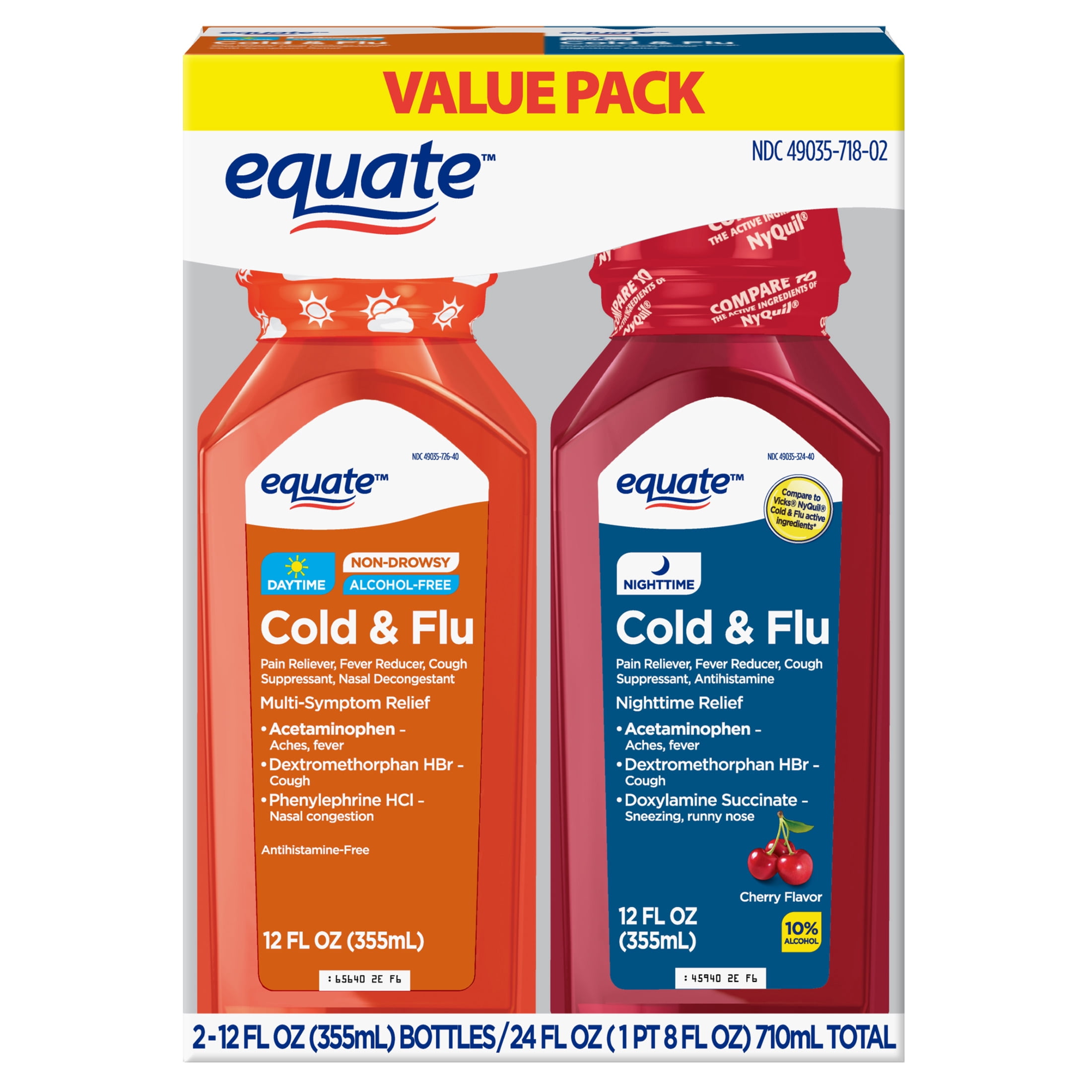Equate Daytime & Nighttime Cold & Flu Relief Liquid, Combo Pack Original & Cherry, 12 fl oz, 2 Pack