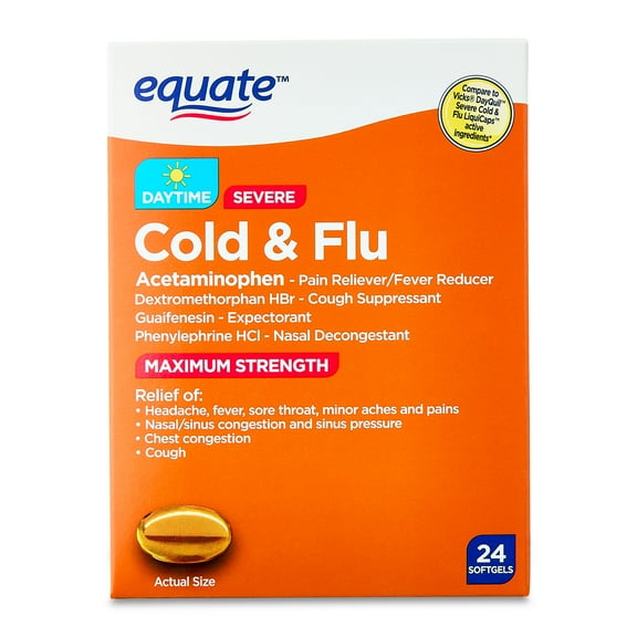 Equate Maximum Strength Non Drowsy Daytime Severe Cold & Flu Softgels, 24 Count