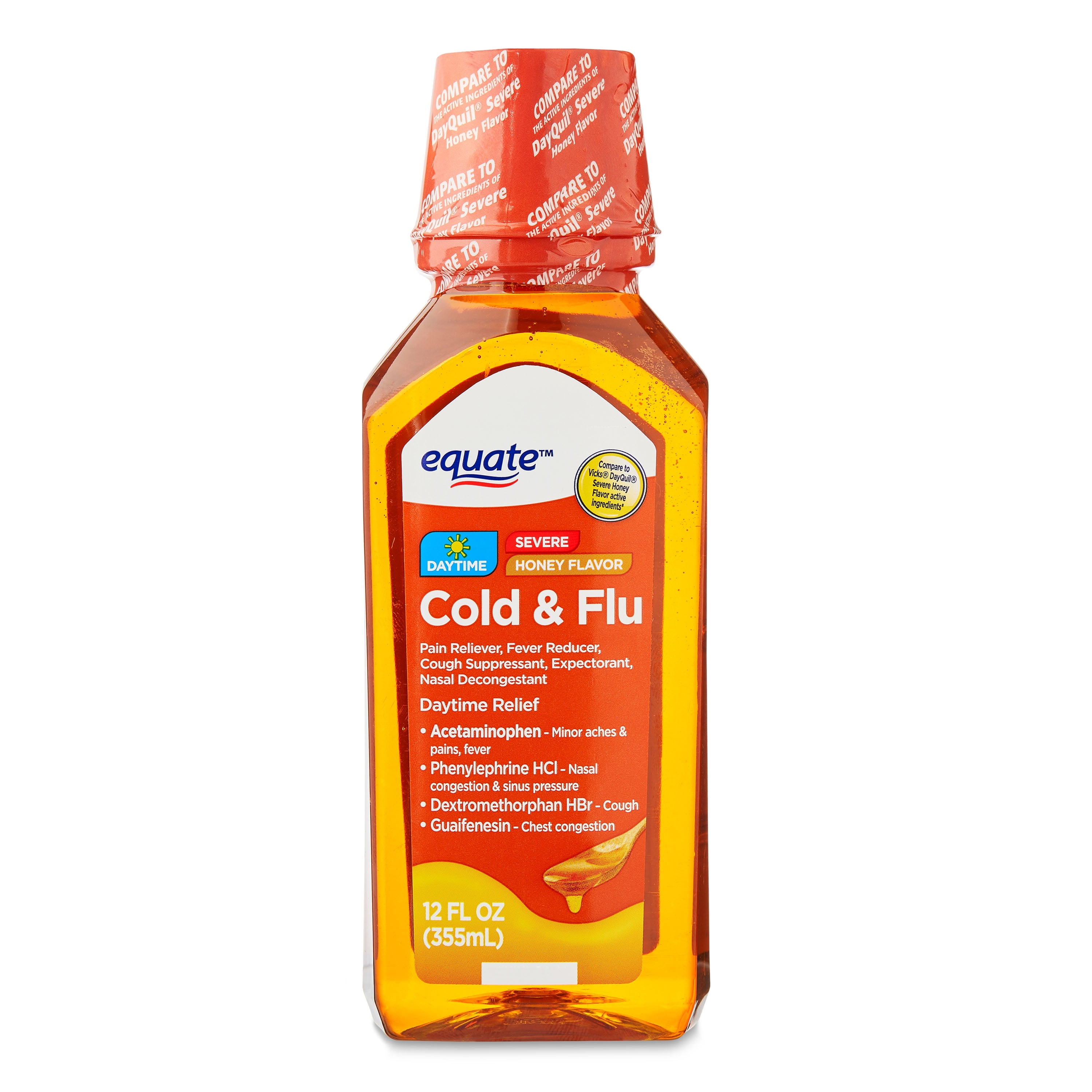 Equate Daytime Severe Cold and Flu, Honey Flavor Liquid, 12 fl oz