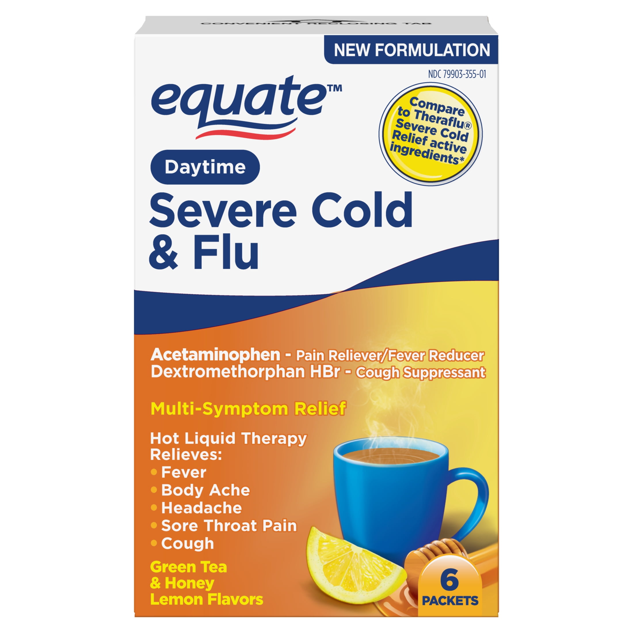 Equate Severe Cold & Flu Relief Hot Liquid Powder, Non-Drowsy Daytime, Green Tea & Honey Lemon Flavor, 6 Packets
