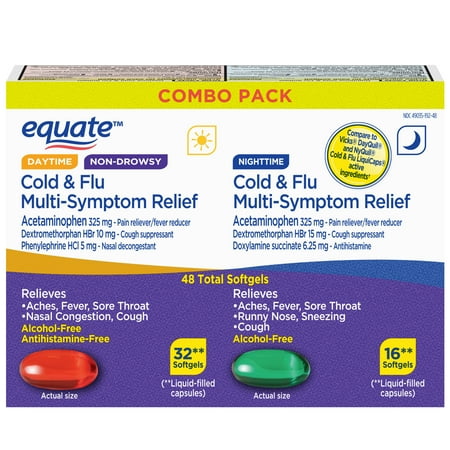 Equate Cold & Flu Multi-Symptom Relief Daytime and Nighttime Softgels, 48 Count