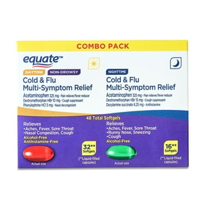 Equate Alivio de Resfriado y Gripe Día y Noche Sin Alcohol 48 Softgels, Comparar con Vicks DayQuil y NyQuil LiquiCaps