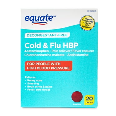 Equate Decongestant-Free Cold and Flu HBP Tablets for People with High Blood Pressure, 20 Count, Compare to Coricidin® HBP Cold & Flu Active Ingredients