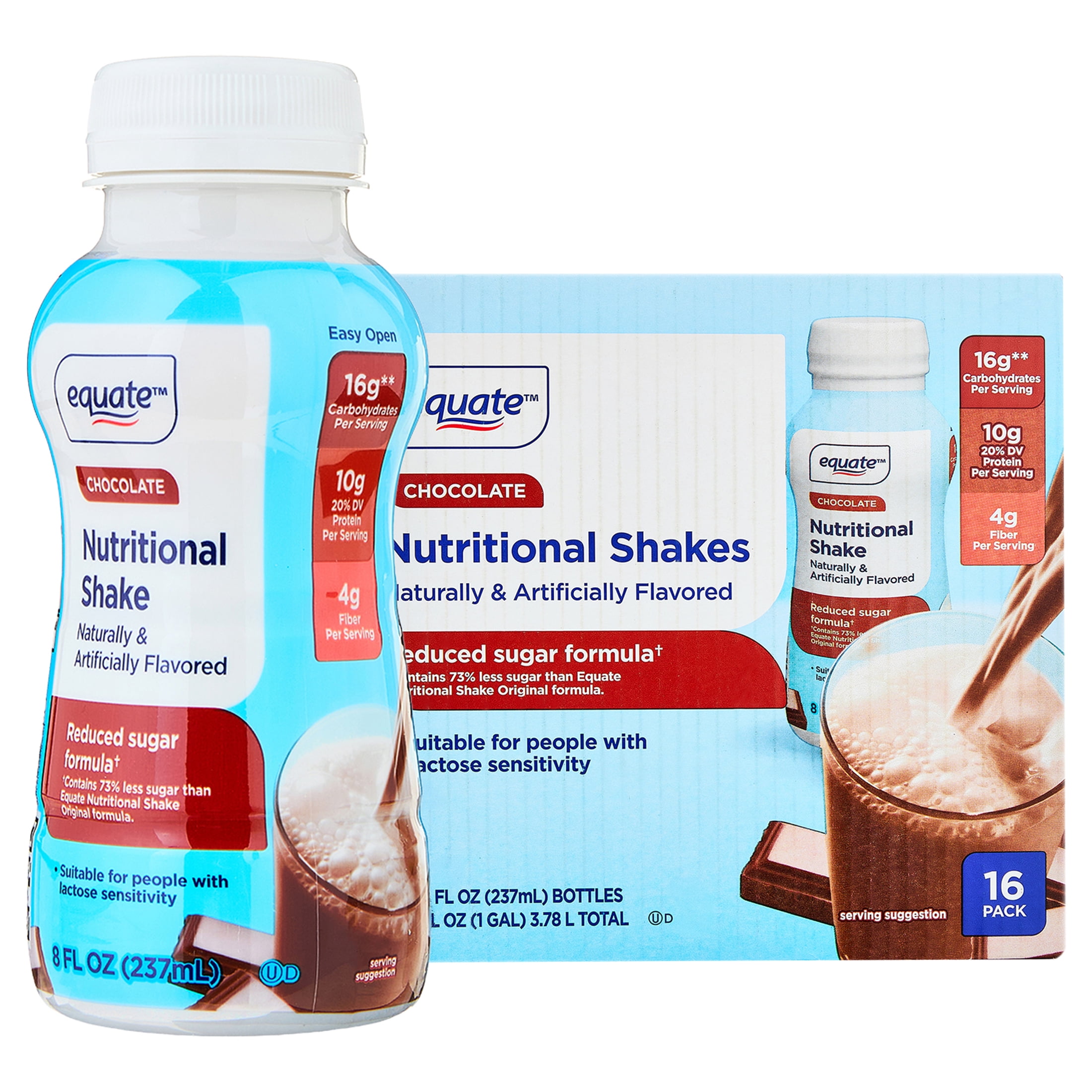 Equate Reduced Sugar Formula Nutritional Shakes, Chocolate, 8 fl oz, 16 Count