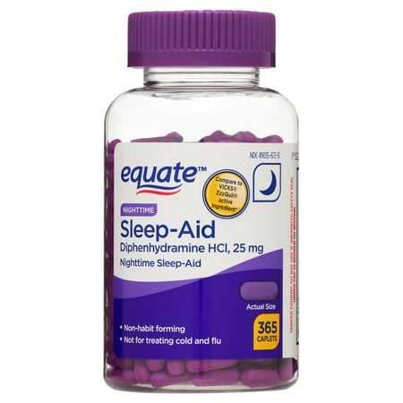 Equate Nighttime Sleep-Aid Diphenhydramine HCl 25mg Caplets for Nighttime Sleep Support, 365 Count, Compare to VICKS® ZzzQuil ® Active Ingredient