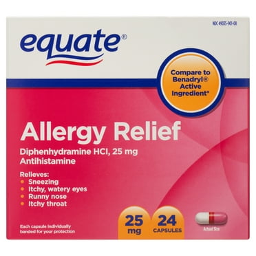 Equate Allergy Relief Diphenhydramine HCl 25mg Antihistamine Capsules, 24 Count, Compare to Benadryl® Active Ingredient