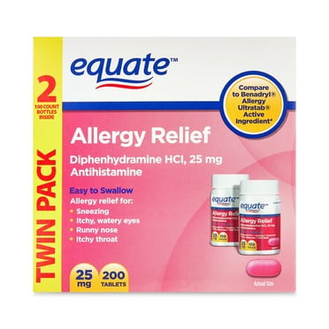 Equate Allergy Relief Diphenhydramine HCl 25 mg Antihistamine Tablets, 2x100 Count, Compare to Benadryl® Allergy Ultratab® Active Ingredient