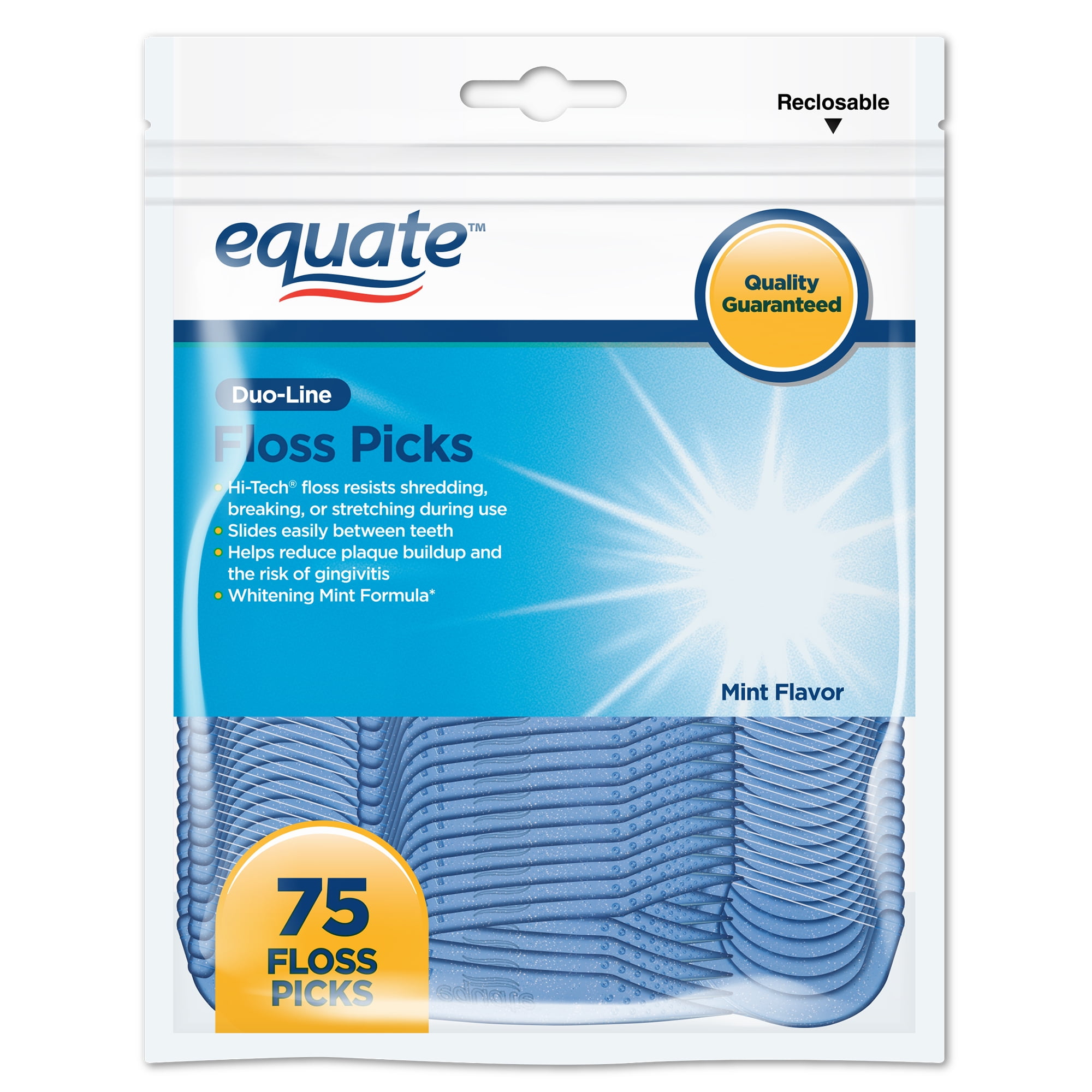 Equate Double Line Mint Dental Floss Picks, Gum Stimulator Pick, Hi-Tech Floss, 75 Ct