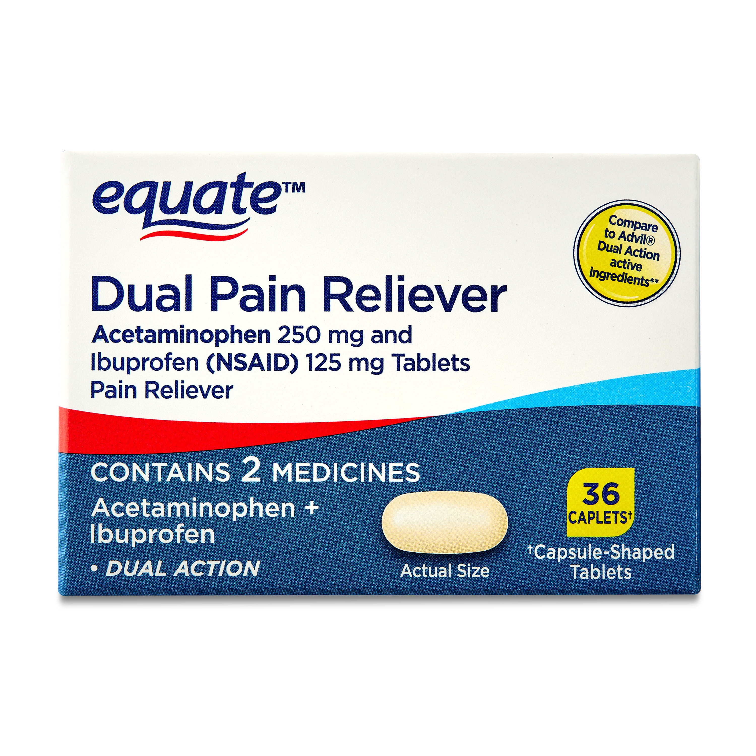 Equate Dual-Action Acetaminophen 250 mg and Ibuprofen (NSAID) 125 mg Pain Reliever Caplets, 36 Count, Compare to Advil Dual Action Active Ingredients