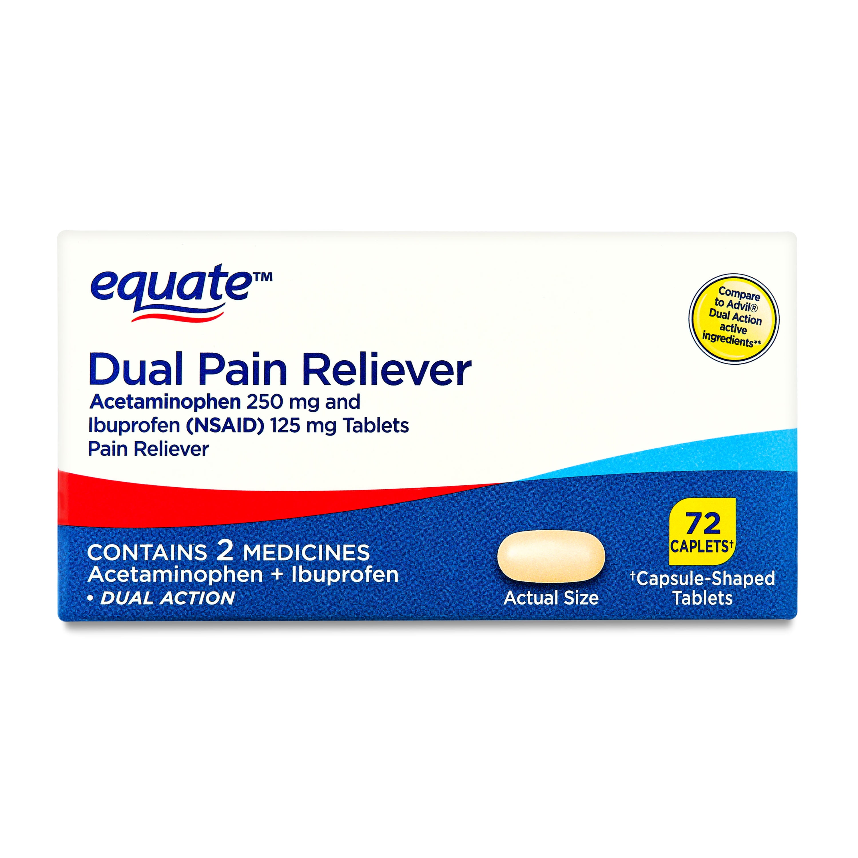 Equate Dual Action Acetaminophen 250 mg and Ibuprofen (NSAID) 125 mg Pain Reliever Tablets, 72 Count, Compare to Advil Dual Action Active Ingredients