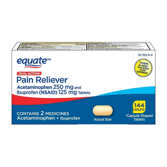 Equate Dual Action Acetaminophen 250 mg and Ibuprofen (NSAID) 125 mg Pain Reliever Tablets, 144 Count, Compare to Advil Dual Action Active Ingredients