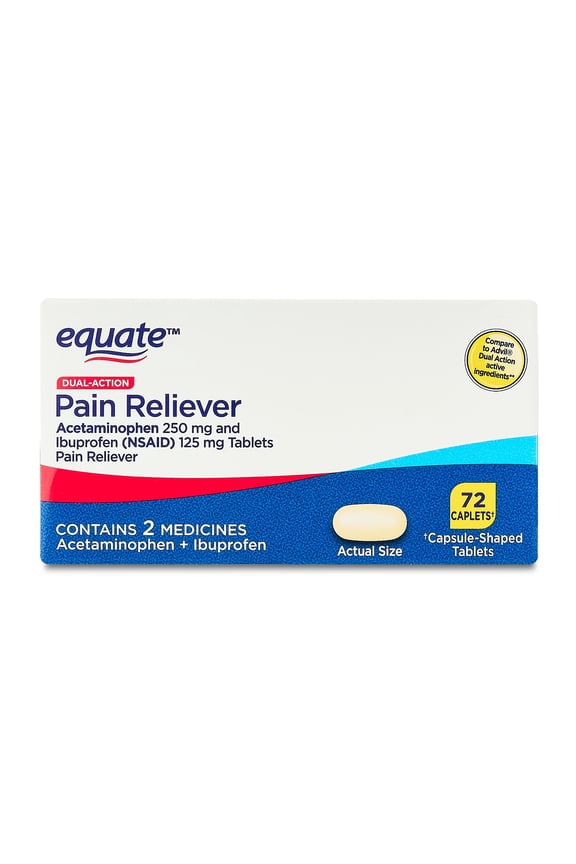 Dual-Action Acetaminophen 250 mg and Ibuprofen (NSAID) 125 mg Pain Reliever Caplets, 72 Count, Compare to Advil Dual Action Active Ingredients