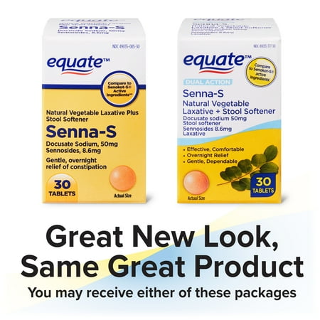 Equate Dual Action Senna-S Natural Vegetable Laxative + Stool Softener Tablets, 30 Count