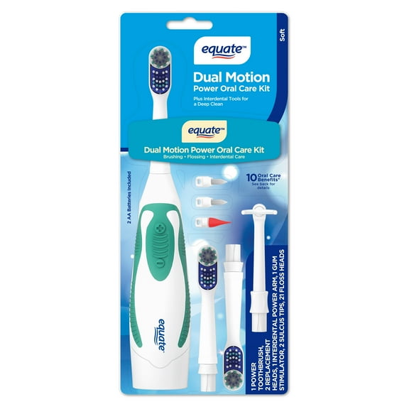 Equate Dual Motion Power Oral Care Kit with Interdental Tools, Soft Bristles