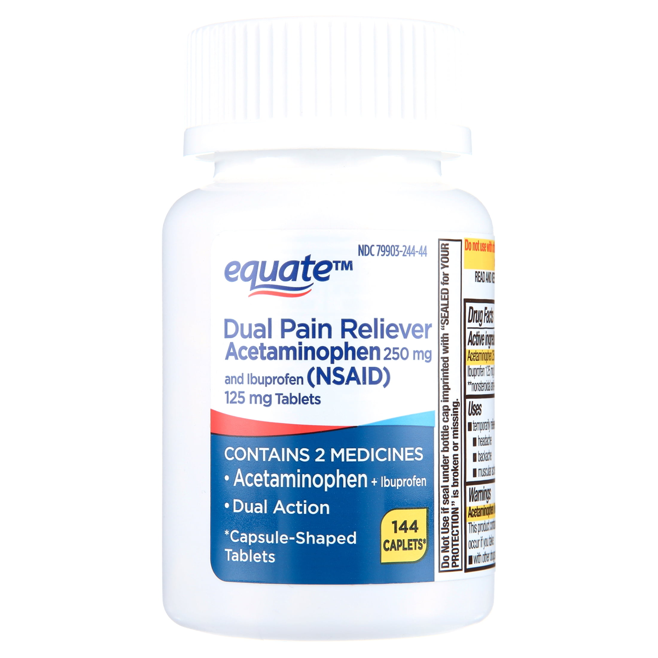 Equate Dual Action Acetaminophen 250 mg and Ibuprofen (NSAID) 125 mg Pain Reliever Tablets, 144 Count, Compare to Advil Dual Action Active Ingredients