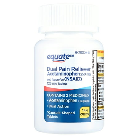 Equate Dual Action Acetaminophen 250 mg and Ibuprofen (Nsaid) 125 mg Pain Reliever Tablets, 144 Count