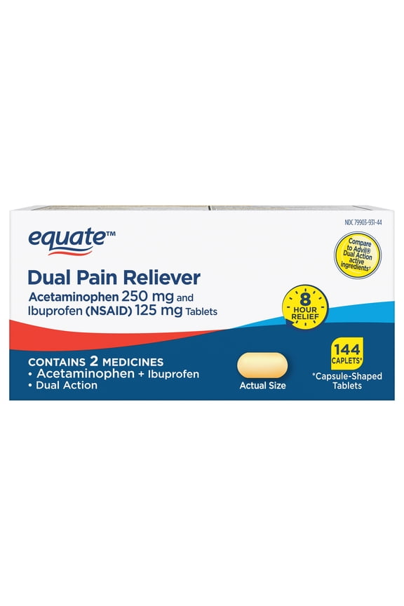 Dual Action Acetaminophen 250 mg and Ibuprofen (Nsaid) 125 mg Pain Reliever Tablets, 144 Count