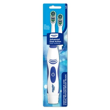 Equate Advanced Dual Action Battery Powered Toothbrush with Replacement Toothbrush Head, Soft Bristles, Color May Vary (1 Brush, 2 Brush Heads, 2 AA Batteries)