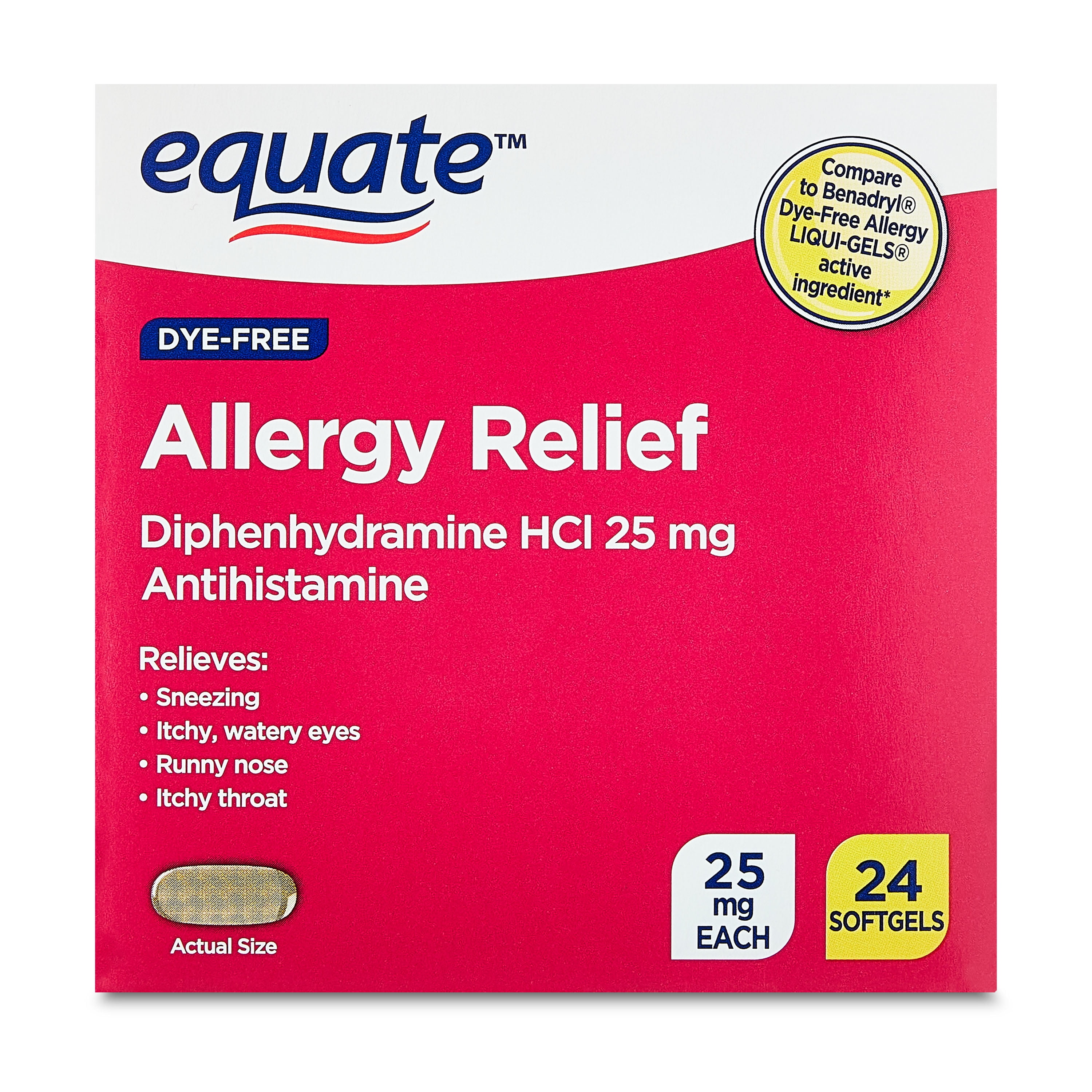 Equate Dye-Free Allergy Relief Diphenhydramine HCl 25mg Softgels, 24 Count, Compare to Benadryl Dye-Free Allergy LIQUI-GELS