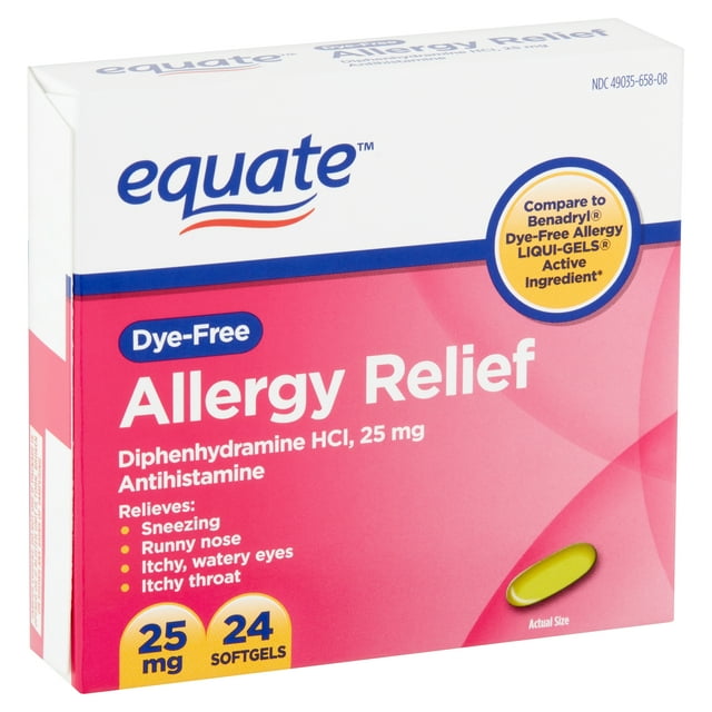 Equate DyeFree Allergy Relief Diphenhydramine Softgels, 25 mg, 24