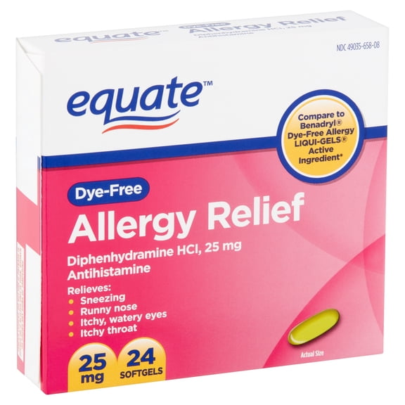 Equate Dye-Free Allergy Relief Diphenhydramine Soft gels, 25 mg, 24 Count