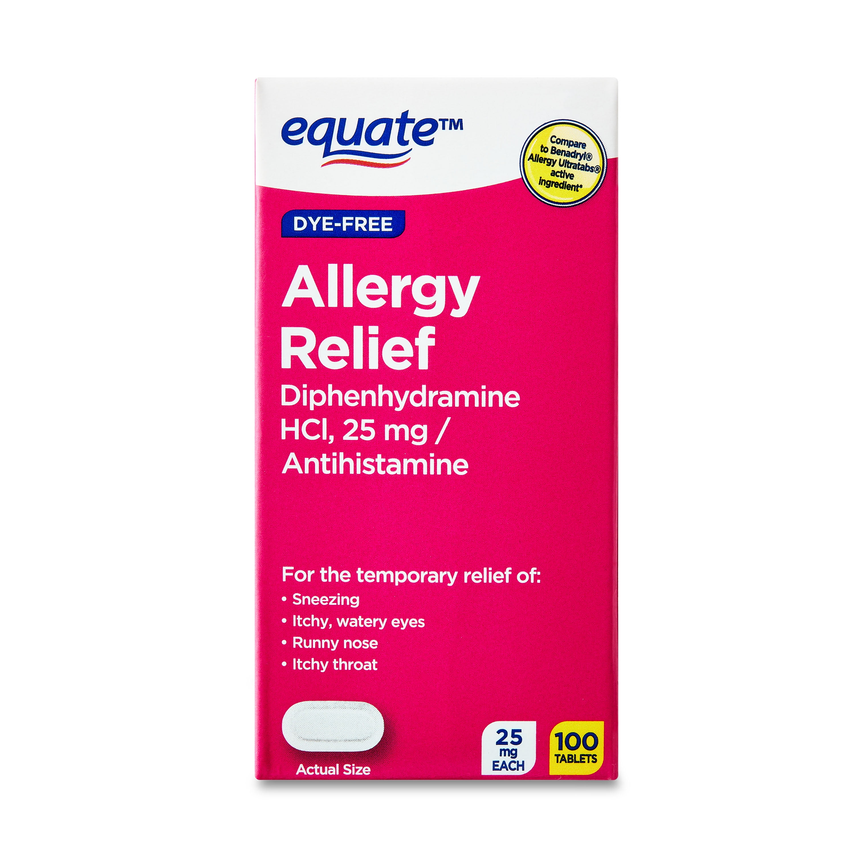 Equate Dye-Free Allergy Relief Diphenhydramine HCl 25mg Antihistamine, 100 Count Tablets, Compare to Benadryl Allergy Ultratabs Active Ingredient