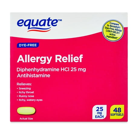 Equate Allergy Relief Diphenhydramine HCl 25mg Antihistamine Softgels, 48 Count, Compare to Benadryl® Allergy Ultratab® Active Ingredient