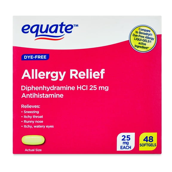 Equate Allergy Relief Diphenhydramine HCl 25mg Antihistamine Soft gels, 48 Count, Compare to Benadryl® Allergy Ultra tab® Active Ingredient