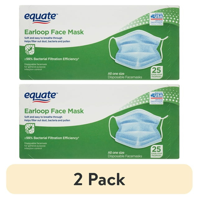 (2 pack) Equate Earloop Face Masks, White, 25 Count