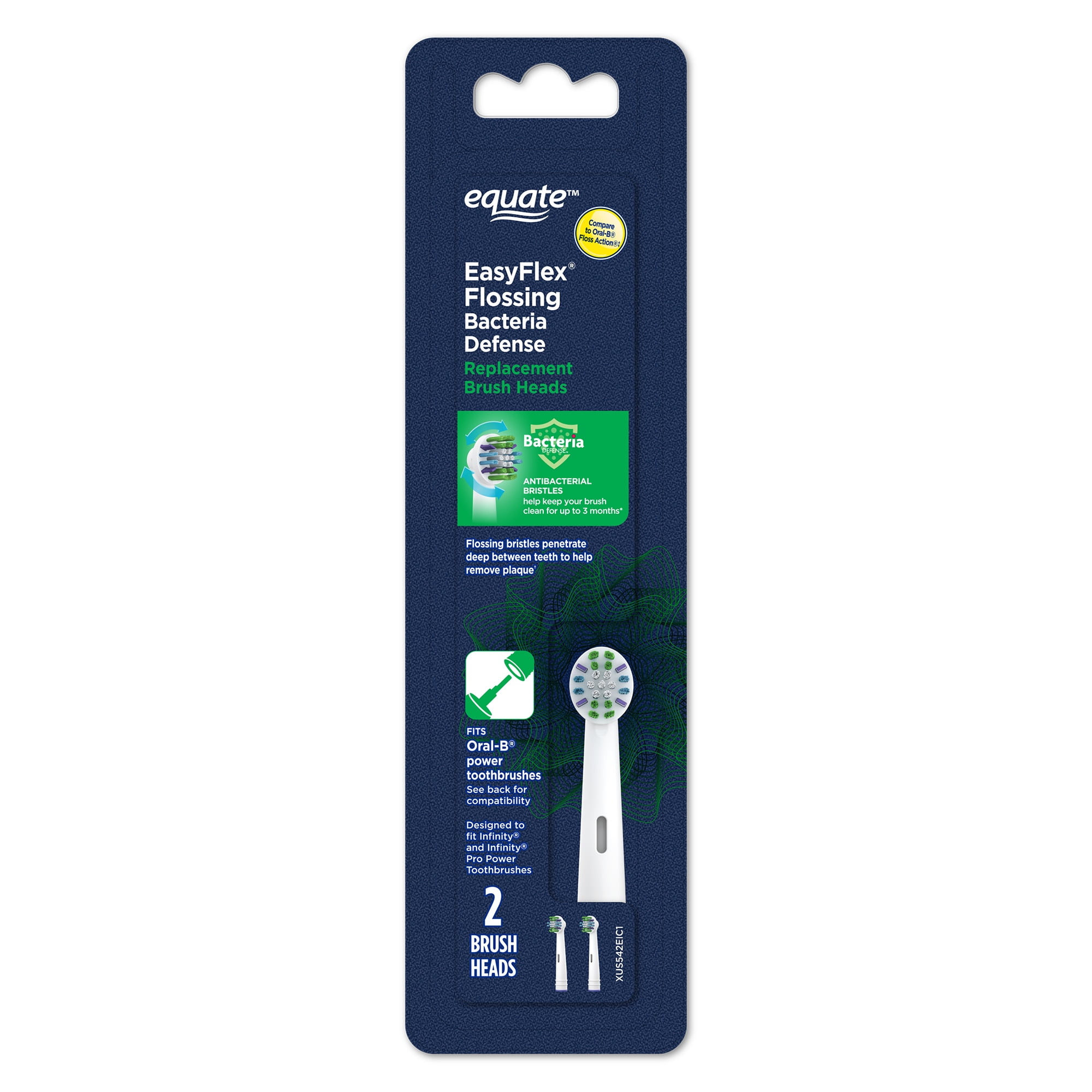 Equate EasyFlex Flossing Replacement Brush Heads, Compatible with Most Oral-B Toothbrushes, Antibacterial and Replace-Me Bristles, 2 count
