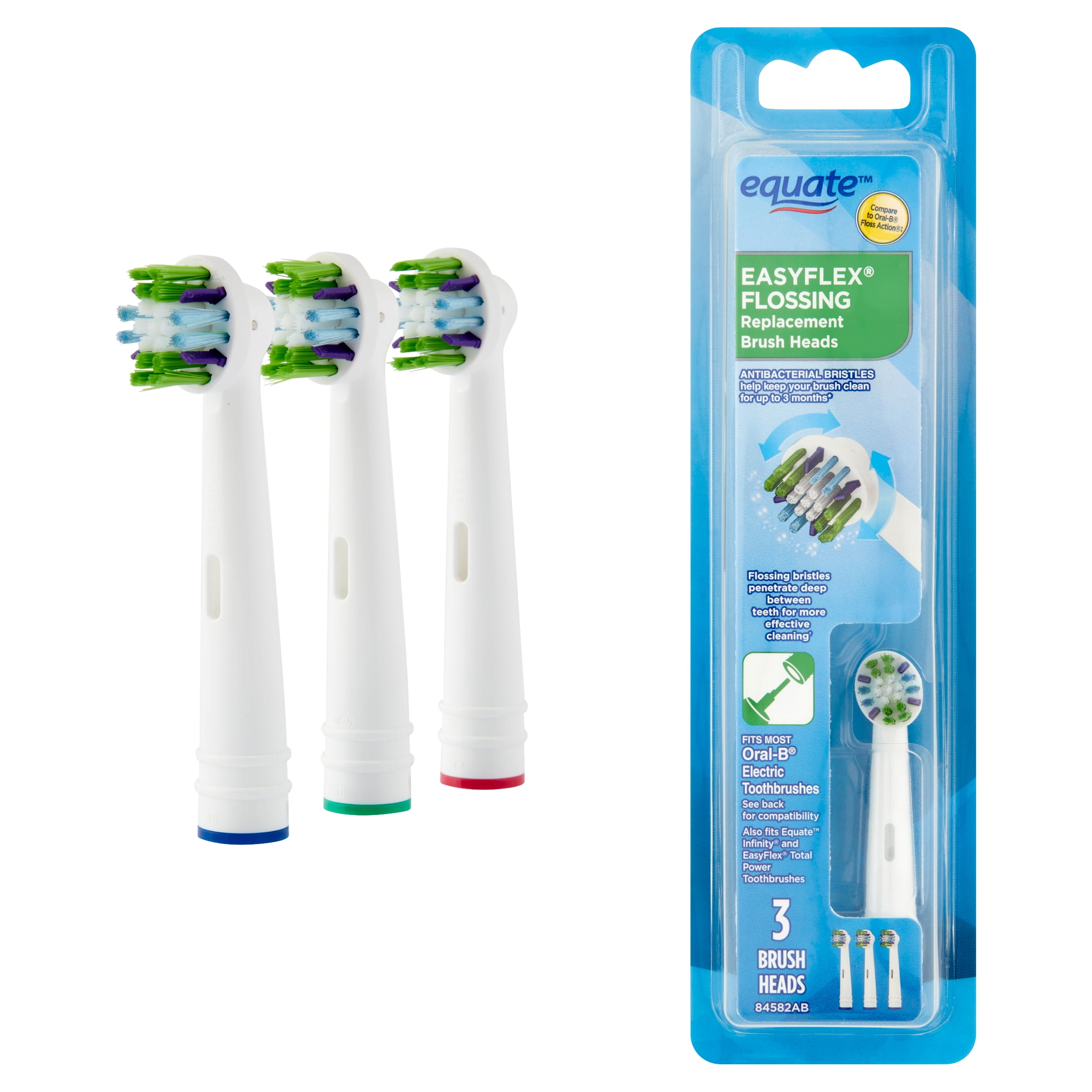Equate EasyFlex Flossing Replacement Toothbrush Heads with Bacteria Defense Bristles, 3 Count