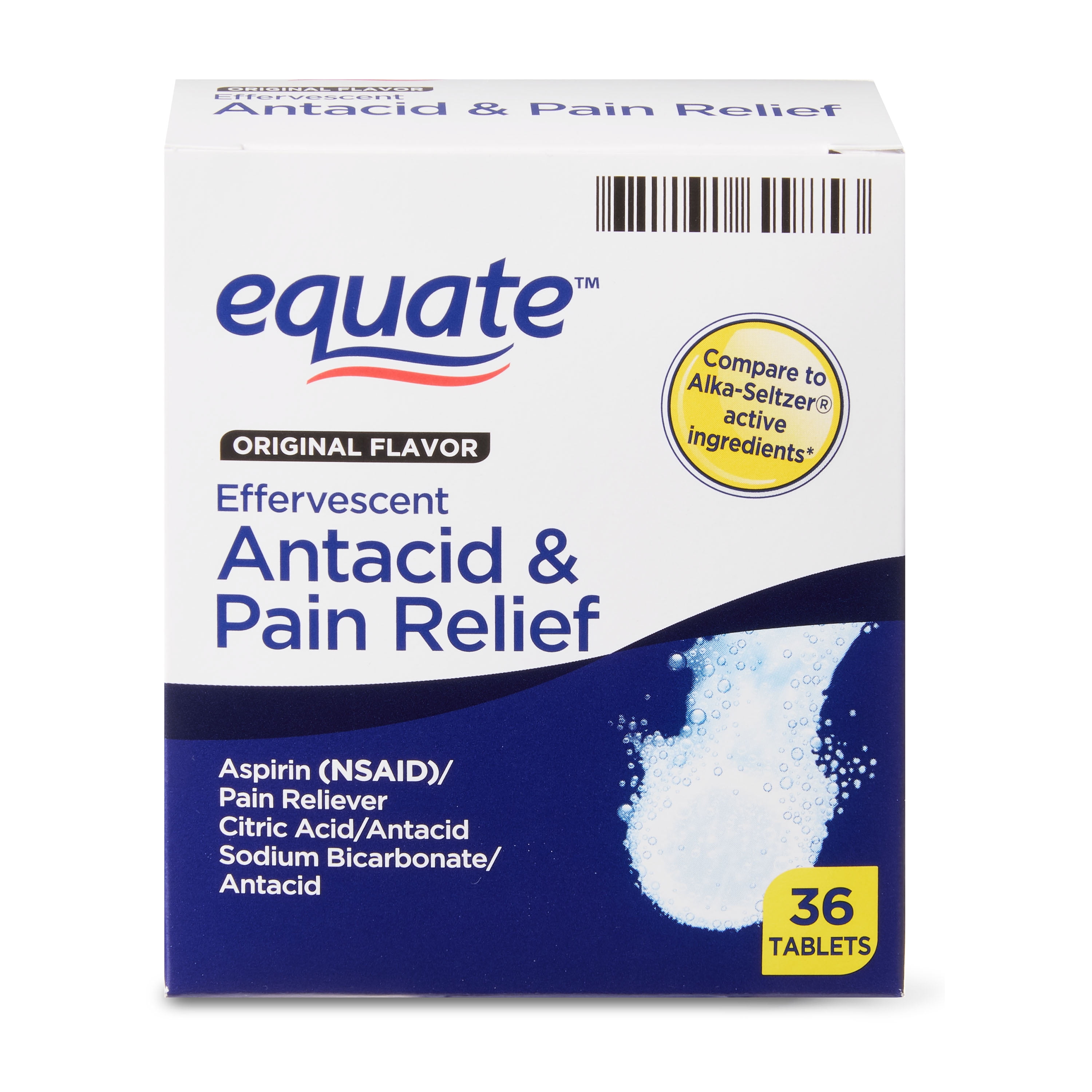 Equate Effervescent Antacid & Pain Relief Tablets, 36 Count, Original Flavor