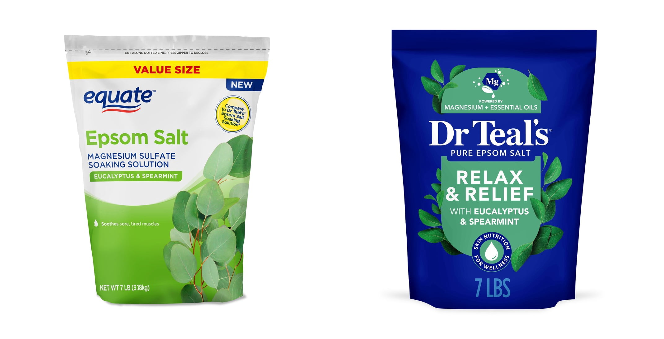 Equate Epsom Salt Soaking Solution, Eucalyptus and Spearmint, 7 lbs & Dr Teal's Epsom Salt Magnesium Soak, Relax & Relief with Eucalyptus & Spearmint, 7 lbs Bundle