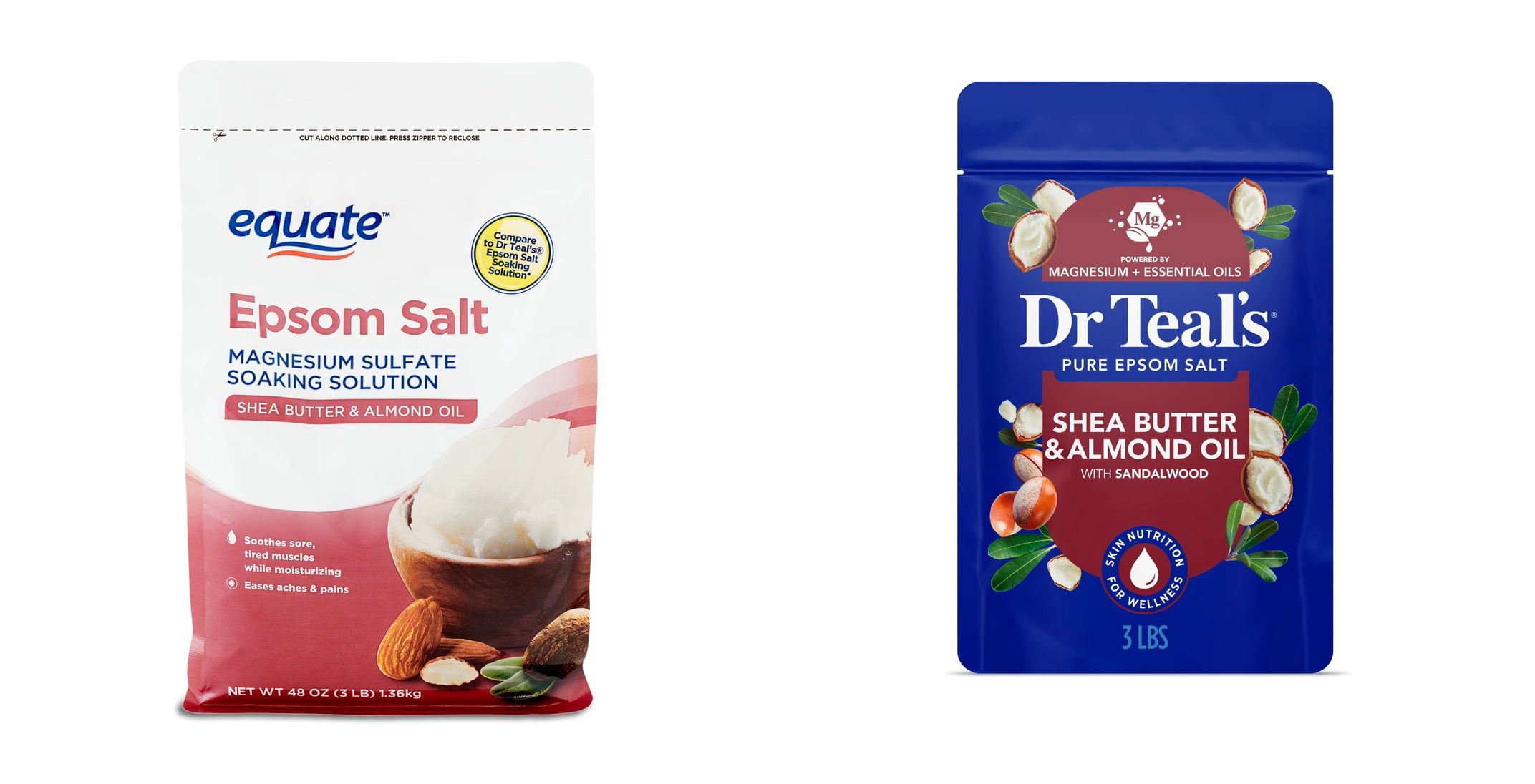 Equate Epsom Salt Soaking Solution with Shea Butter and Almond Oil, 3 lbs & Dr Teal's Epsom Salt Magnesium Soak, with Shea Butter & Almond Oil, 3 lbs Bundle