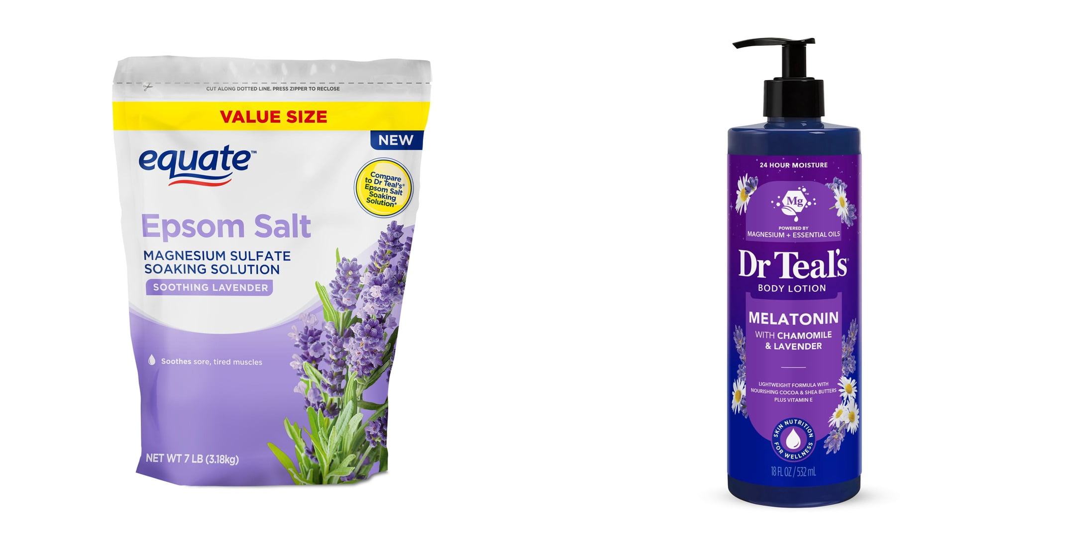 Equate Epsom Salt Soaking Solution, Soothing Lavender, 7 lbs & Dr Teal's Sleep Body Lotion with Melatonin, Lavender and Chamomile, 24 Hour Moisture Bundle