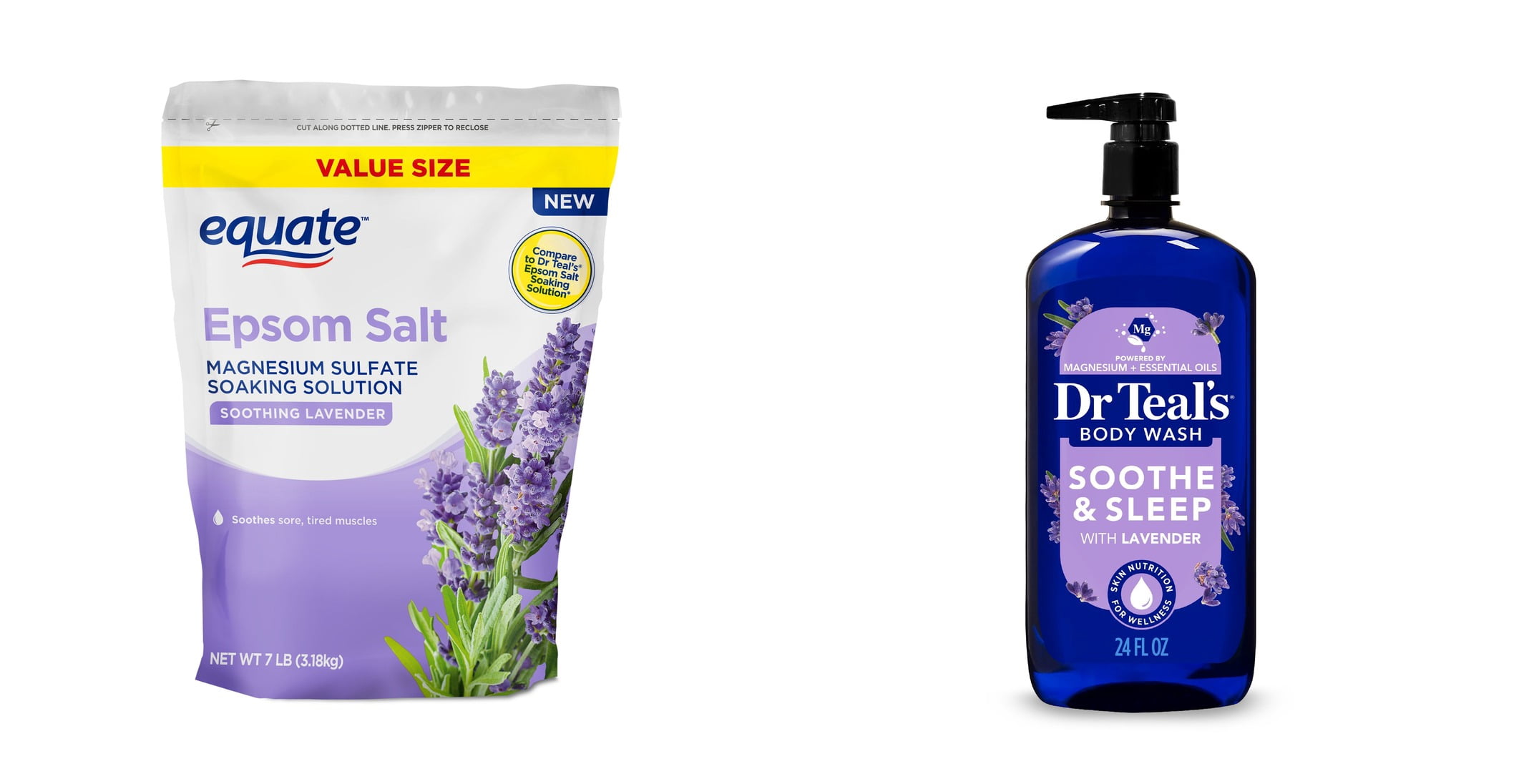 Equate Epsom Salt Soaking Solution, Soothing Lavender, 7 lbs & Dr Teal's Soothe & Sleep Body Wash with Pure Epsom Salt & Lavender Essential Oil Bundle