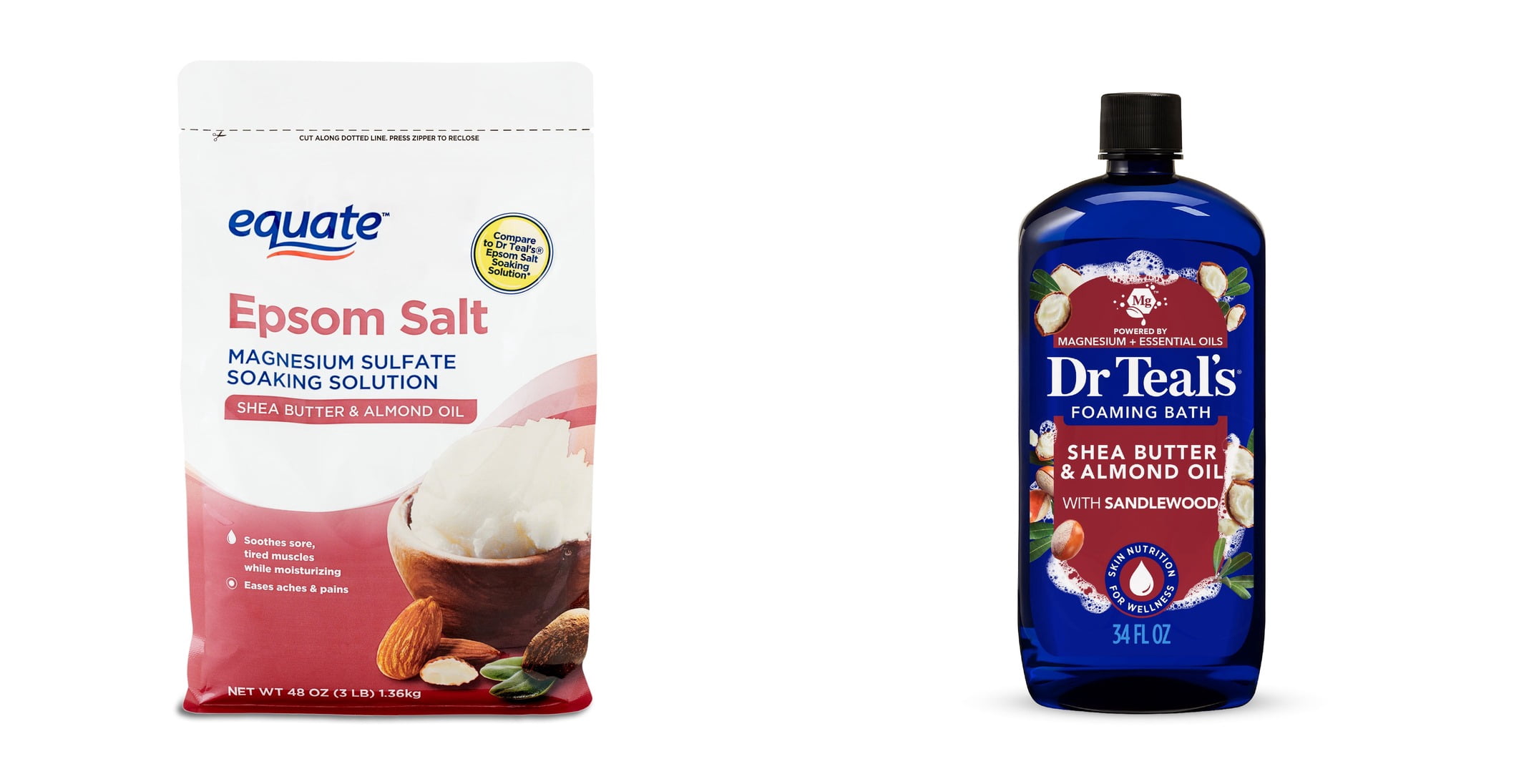 Equate Epsom Salt Soaking Solution with Shea Butter and Almond Oil, 3 lbs & Dr Teal's Foaming Bath with Pure Epsom Salt, Shea Butter & Almond Bundle