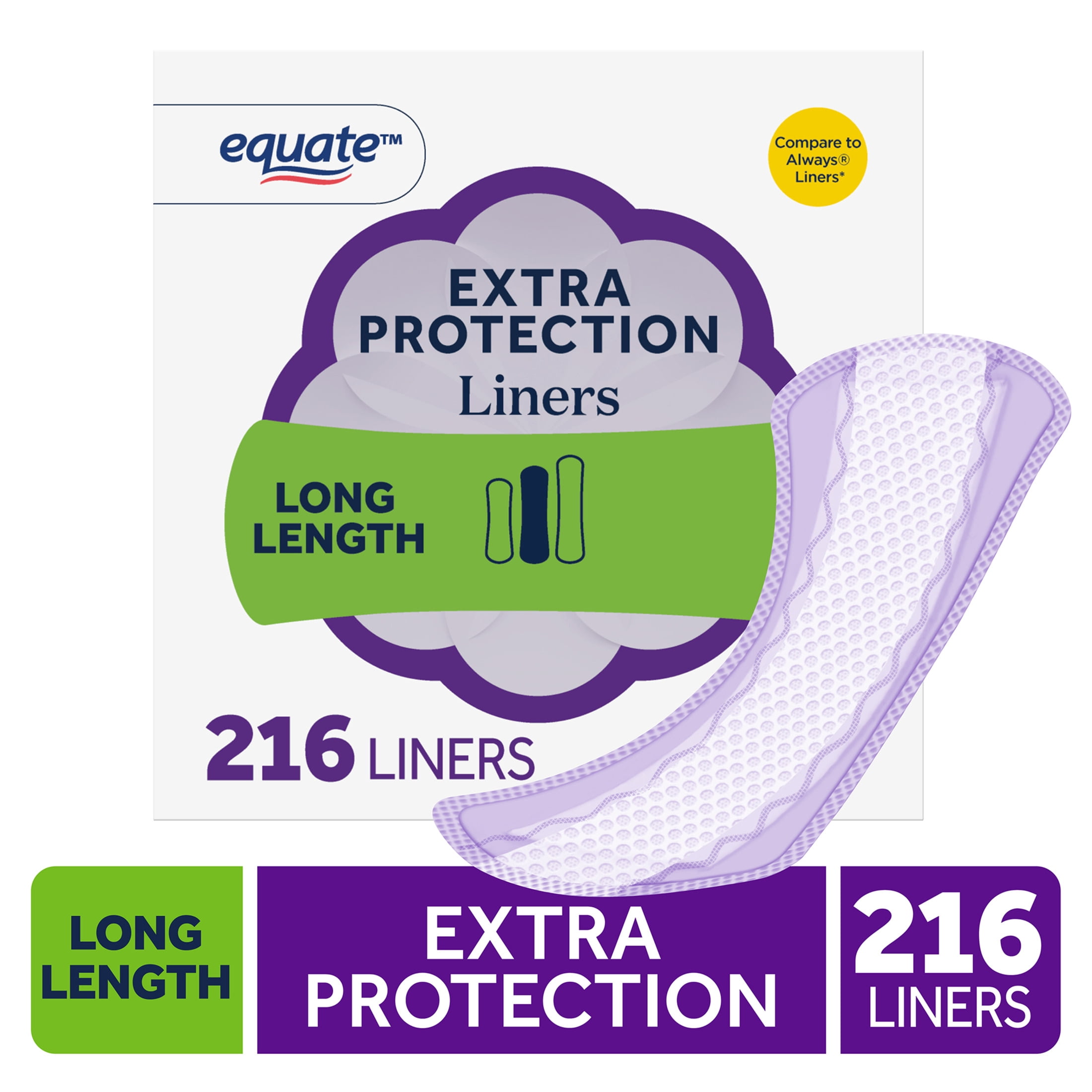 Equate Extra Protection Everyday Panty Liners, Long Length, Unscented, Compare to Always® (216 Total Count - 2 packs of 108 count each)