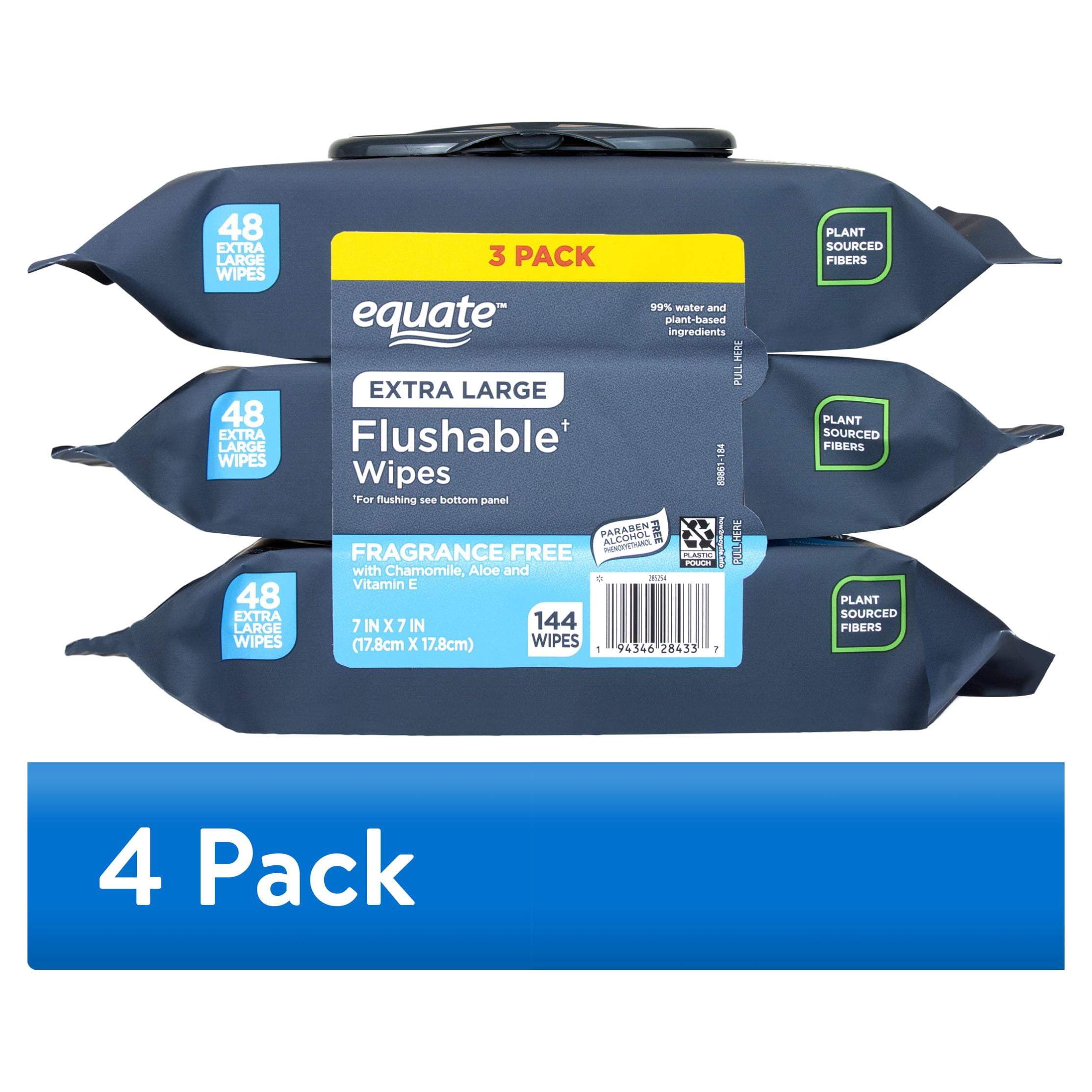 (4 pack) Equate Extra Large Flushable Wet Wipes, Fragrance Free, 144 Wipes, 3 Pack