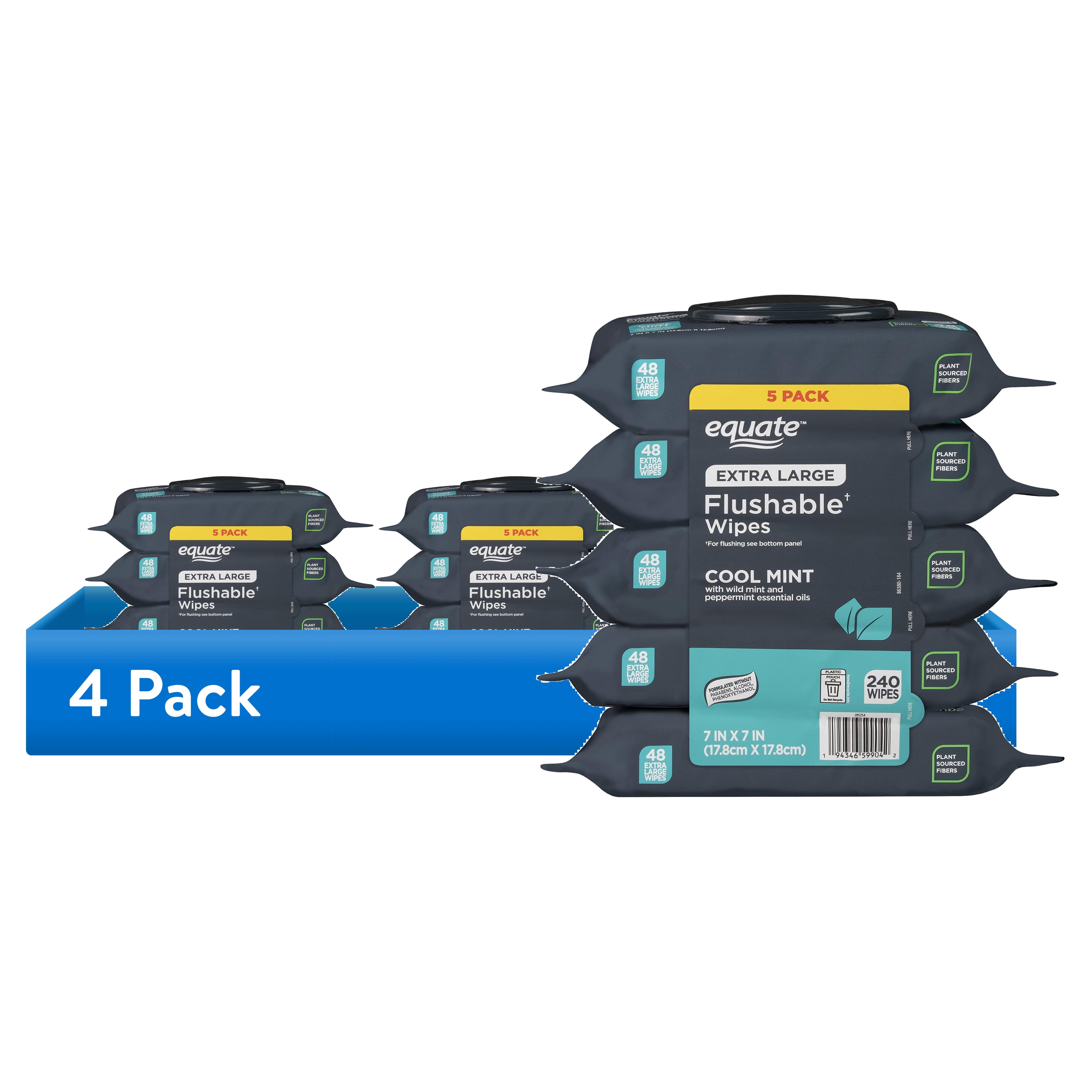 (4 pack) Equate Extra Large Flushable Wet Wipes, Mint, 240 Wipes (5 Pack)