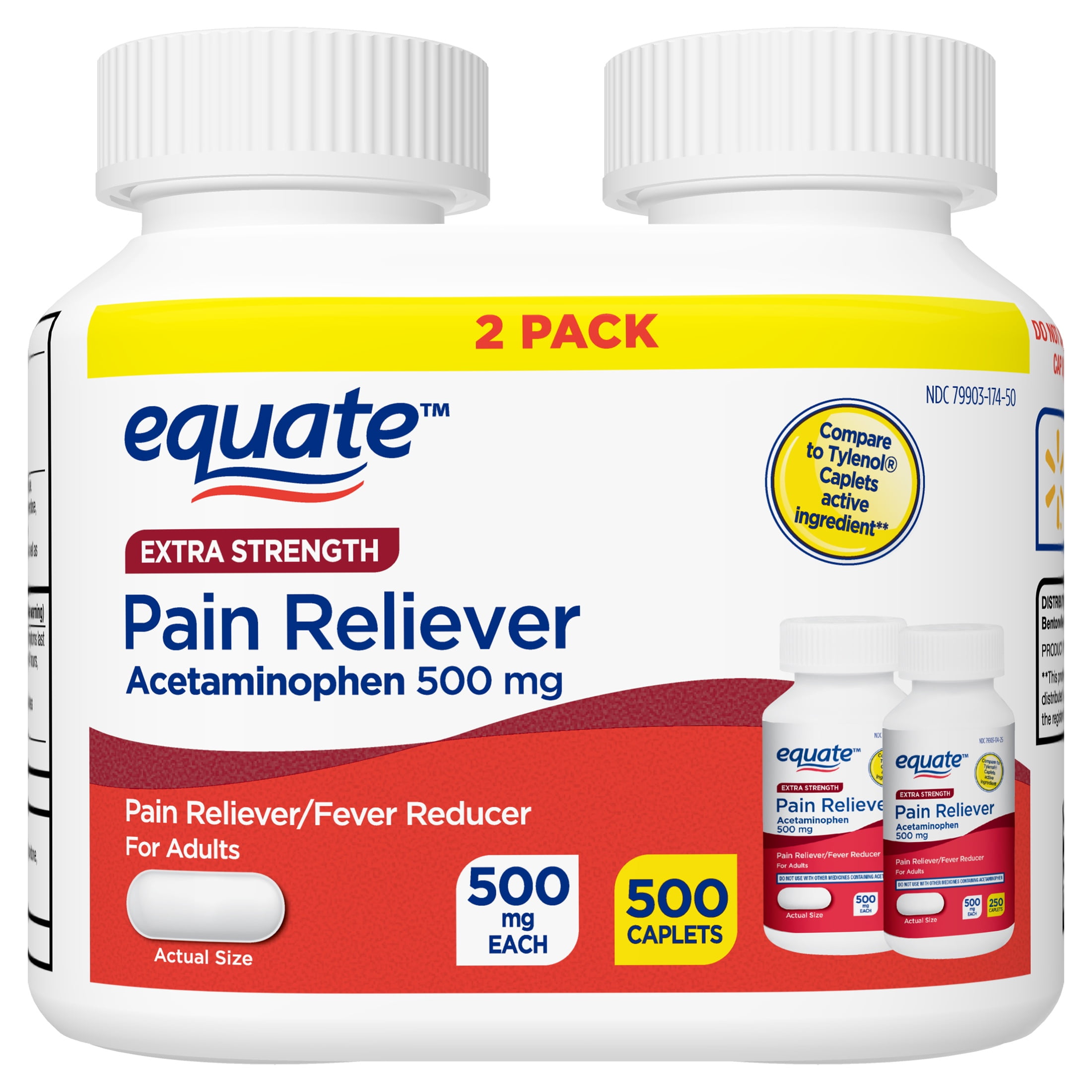 Equate Extra Strength Acetaminophen Pain Reliver Caplets, 500 mg, 250 Count, 2 Pack