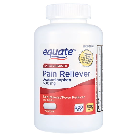 Equate Extra Strength Pain Reliever Acetaminophen Caplets, 500mg, Pain Reliever/Fever Reducer, 500 Count, Compare to Tylenol® Extra Strength Active Ingredient