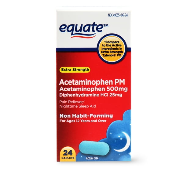 Equate Extra Strength Acetaminophen PM Caplets, 500 mg, 24 count