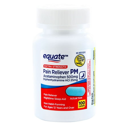 Equate Extra Strength Acetaminophen PM Caplets, Pain Reliever and Nighttime Sleep Aid, 100 Count