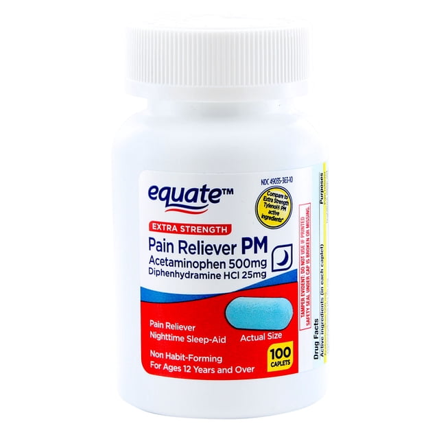 Equate Extra Strength Acetaminophen PM Caplets, Pain Reliever and ...
